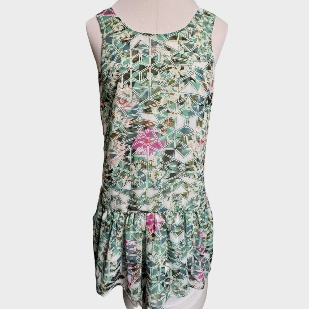 LOVERS + FRIENDS Deep Vee Back Geometric Mini‎ Dress XS Green Multi Silky Sexy